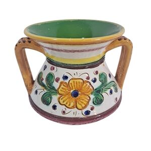 Vintage G. F. Dervta Hand Painted Vase Two Handled Italian Signed Multicolor